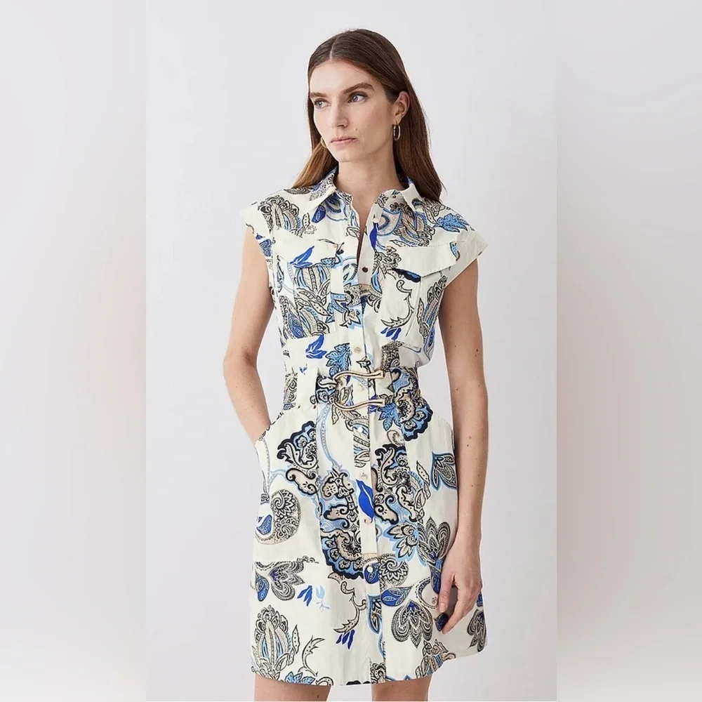 Karen Millen Batik Print Cotton Sateen Mini Shirt Dress, Size 6